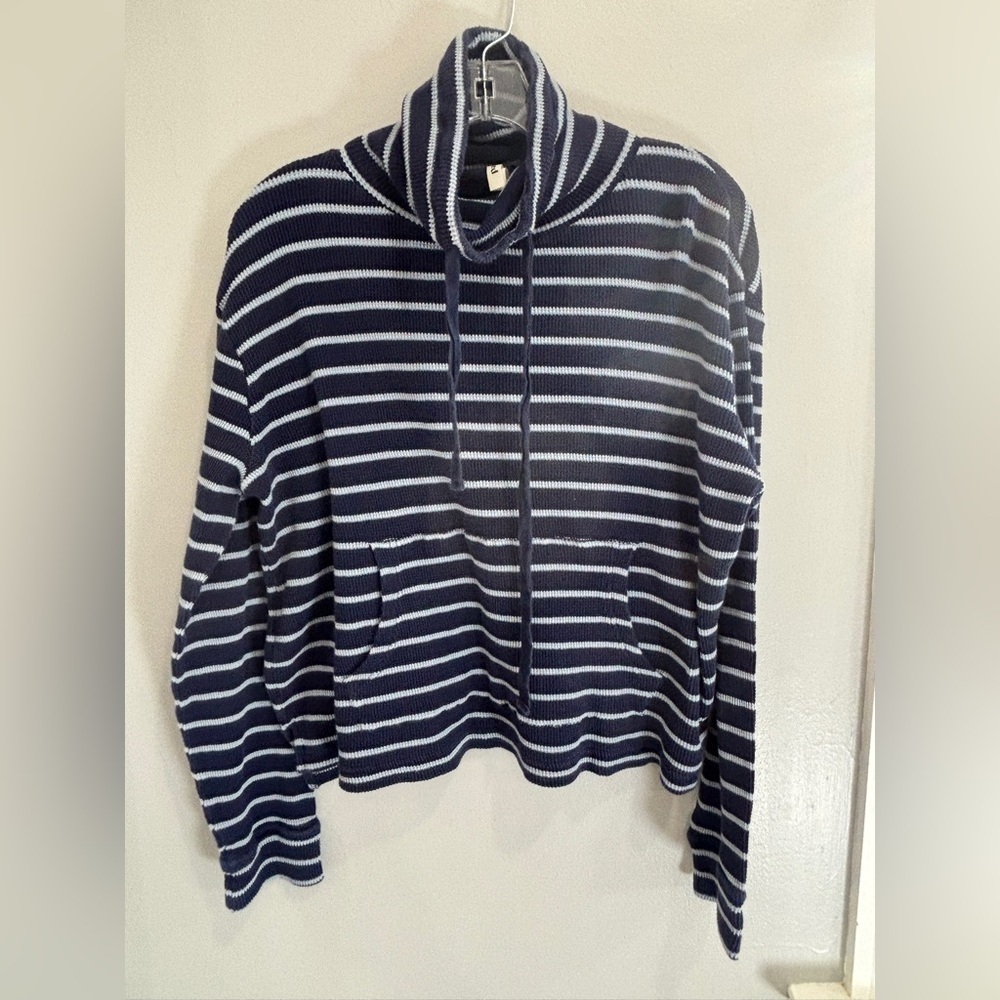 PACT Organic Cotton Blue Striped Waffle Knit Cowl Neck Pullover Large